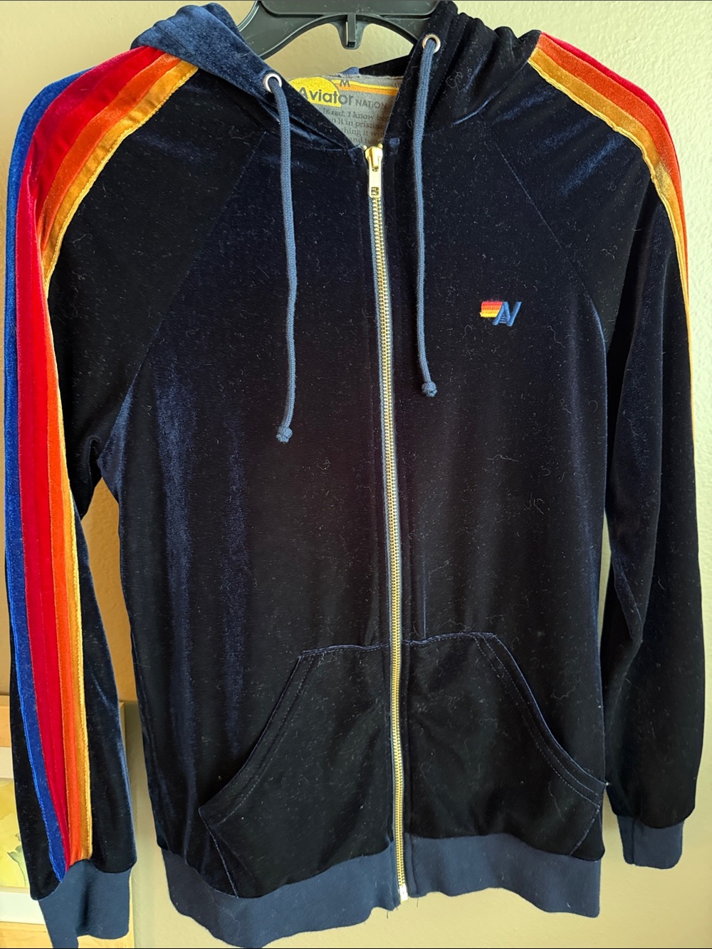 Aviator Nation Navy Velvet Zip Hoodie with Rainbow Shoulder Stripes